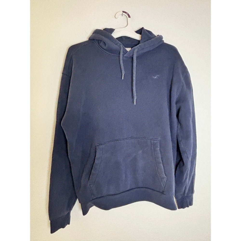 Hollister Mens Large Navy Blue Pullover Hoodie Fleece Sweatshirt Logo Pocket